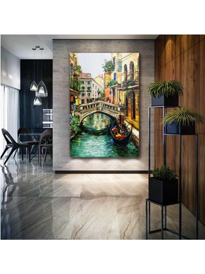 SML Tablo Yağlı Boya Efektli Venedik Manzarası Kayık Şehir Kanvas Tablo