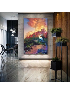 SML Tablo Uzun Boynuzlu Beyaz Ala Geyik Doğa Manzara Hayvan Kanvas Tablo