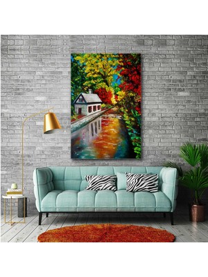 SML Tablo Dere Kenarındaki Orman Evi Manzara Doğa Yansıma Dekor Kanvas Tablo