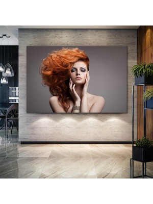 SML Tablo Kızıl Saçlı Gözleri Kapalı Kadın Woman Kuaför Güzellik Merkezi Dekoratif Kanvas Tablo