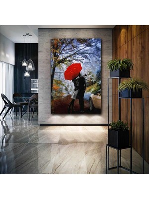 SML Tablo Kırmızı Şemsiye Altında Öpüşen Çift Aşk Love Doğa Manzara Dekor Kanvas Tablo