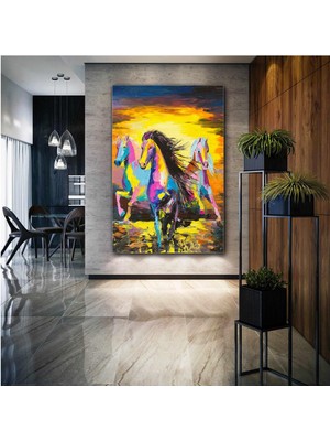 SML Tablo Yağlı Boya Efektli Atlar Asalet Hayvan Doğa Manzara Kanvas Tablo