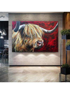 SML Tablo Yağlı Boya Efektli Boğa Hayvan Dekoratif Kanvas Tablo