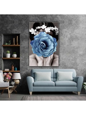 SML Tablo Çiçek Yüzlü Kadın Model Doğa Mavi Gül Kanvas Tablo