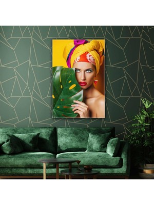 SML Tablo Sarı Eşaplı Kırmızı Rujlu Kadın Karpüz Küpe Takı Modern Kanvas Tablo