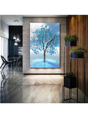 SML Tablo Mavi Yapraklı Denizdeki Ağaç Sahil Doğa Manzara Kanvas Tablo
