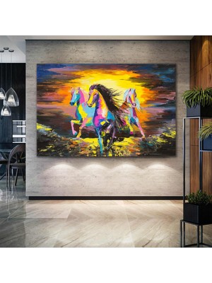 SML Tablo Gün Batımda Koşan Renkli Atlar Yağlı Boya Efektli Hayvan Doğa Manzara Dekor Kanvas Tablo