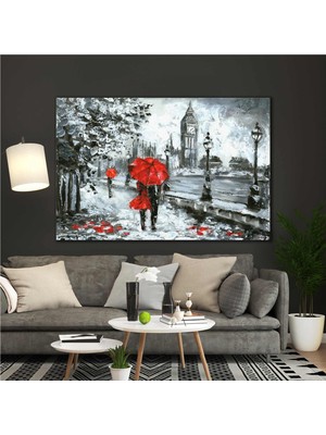 SML Tablo Yağmur Altında Yürüyen Çift Kırmızı Şemsiye Saat Kulesi Yağlı Boya Efekt Kanvas Tablo