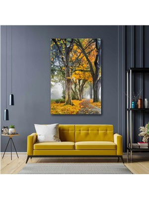 SML Tablo Sonbahar Dökülen Yapraklar İçindeki Orman Yolu Doğa Manzara Kanvas Tablo