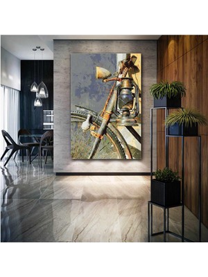 SML Tablo Bisiklet Ve Eski Lamba Nostalji Retro Abstract Soyut Sanat Kanvas Tablo