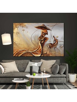 SML Tablo Şapkalı Kadın Uzun Etek Şehir Sokak City Köpek Art Bronz Kanvas Tablo