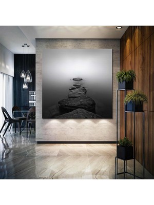 SML Tablo Gri Taşlar Bulut Sis Manzara Deniz Doğa Kanvas Tablo