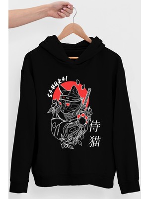 Rock&Roll Kedi Samuray Siyah Kapüşonlu Kadın Sweatshirt