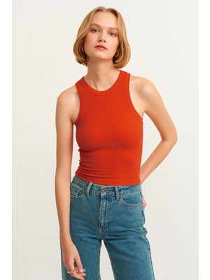 la & vetta Kadın Nar Çiçeği Fitilli T-Shirt Halter Yaka Örme Atlet