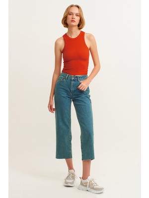 la & vetta Kadın Nar Çiçeği Fitilli T-Shirt Halter Yaka Örme Atlet