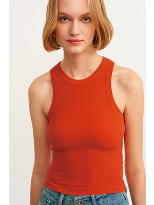 la & vetta Kadın Nar Çiçeği Fitilli T-Shirt Halter Yaka Örme Atlet