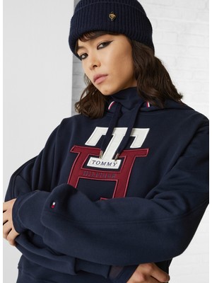 Tommy Hilfiger Kapüşon Yaka Mavi Kadın Sweatshirt WW0WW37441DW5