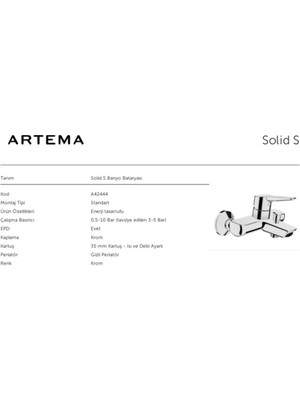 Artema Solid S Banyo Bataryası A42444