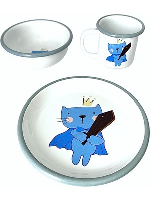 Bidoluraf Super Cat Bebek/çocuk Emaye Yemek Seti 3 Parça (Tabak - Kase - Kupa)