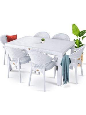 Almina Rattan Masa Takımı 90x150 Camlı Masa 6 Kişilik Rattan Sandalye Seti Bahçe Balkon Teras Takımı