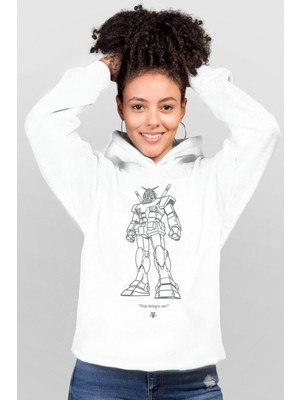 Rock&Roll Robotic Beyaz Kapüşonlu Ön ve Arka Baskılı Kadın Sweatshirt