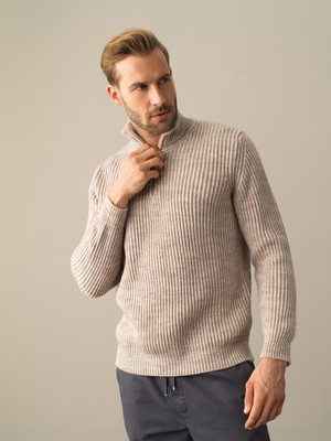 Xint Erkek Bej Yumuşak Dokulu Yarım Fermuarlı Kazak