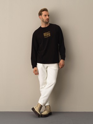 Xint Erkek Siyah Pamuk Dokulu Oversize Baskılı Tişört