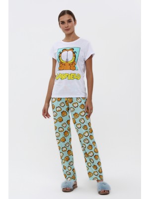 Baks Store Kadın Mint Garfield Baskılı Kadın T-Şort Pantolon Takımı