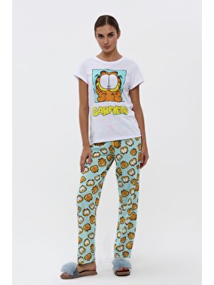 Baks Store Kadın Mint Garfield Baskılı Kadın T-Şort Pantolon Takımı