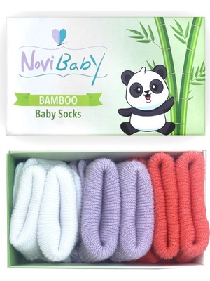 Novibaby 3'lü Bambu Yenidoğan Bebek Çorabı I Purple Orange I 0-6 Ay