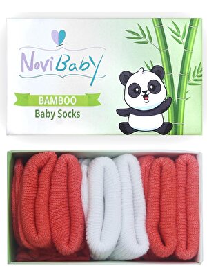 Novibaby 3'lü Bambu Yenidoğan Bebek Çorabı I White Orange I 0-6 Ay