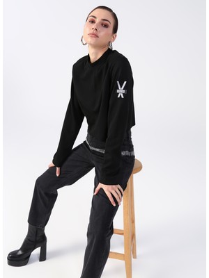 Black On Black Dik Yaka Düz Siyah Kadın Sweatshirt K-Ruto
