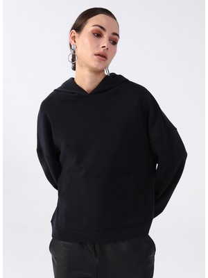 Black On Black Kapüşon Yaka Düz Siyah Kadın Sweatshirt K-Elda