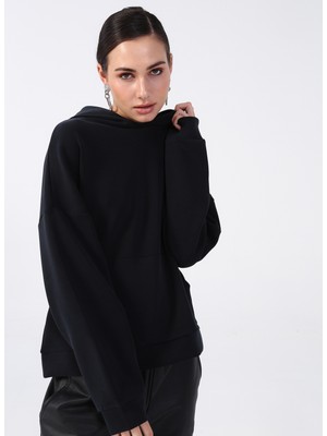 Black On Black Kapüşon Yaka Düz Siyah Kadın Sweatshirt K-Elda