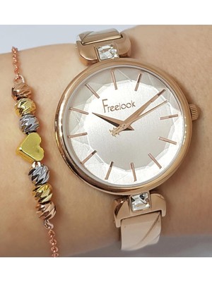 Freelook Kesme Camlı Rose Gold Kadın Kol Saati + Bileklik Seti