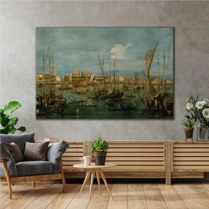 SML Tablo Francesco Guardi İskele Venedik Rıhtım Gemi Yelkenli Yağlı Boya Efektli Kanvas Tablo