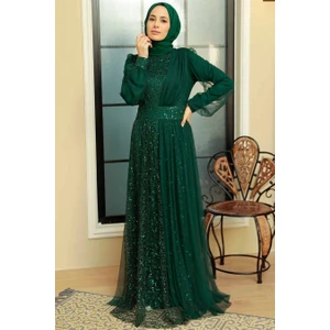 Neva Style Tesettürlü Abiye Elbise - Pul Payet Işlemeli Yeşil Tesettür Abiye Elbise 5696Y