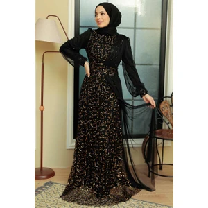 Neva Style Tesettürlü Abiye Elbise - Pul Payet Işlemeli Gold Tesettür Abiye Elbise 5696GOLD
