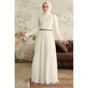 Neva Style Tesettürlü Abiye Elbise - Drape Detaylı Ekru Tesettür Abiye Elbise 5737E