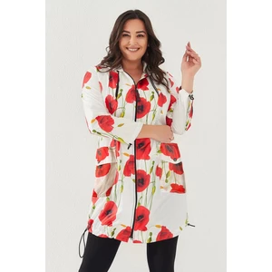 Lady Majestic Büyük Beden Kadın Su Geçirmez Yağmurluk Çiçek Desenli Kapaklı İki Cep