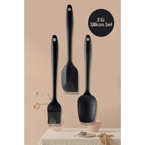 Pratik Lüks Siyah Silikon Spatula Fırça Kaşık Seti 3'lü Silikon Set Silikon Fırça Kaşık Spatula