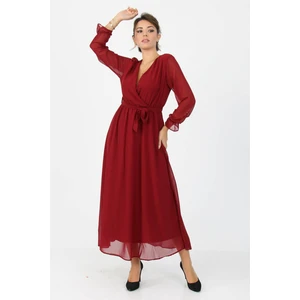 Neşeli Butik Kadın Kruvaze Yaka Bağlama Detaylı Yeni Sezon Uzun Şifon Elbise KTS003