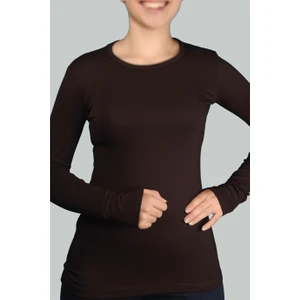 Uzun Kol Bisiklet Yaka Likralı Penye Kadın Body - Koyu Kahverengi