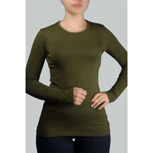 Uzun Kol Bisiklet Yaka Likralı Penye Kadın Body - Haki