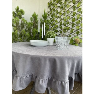 Decamor Home Dertsiz Kadife Dokulu Vintage Fırfırlı Antrasit Füme Yuvarlak Masa Örtüsü