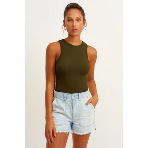 la & vetta Kadın Haki Fitilli T-Shirt Halter Yaka Örme Atlet