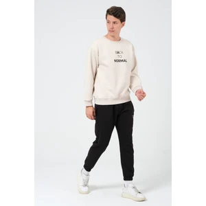 The Rule Erkek Bej Oversize Fit Bisiklet Yaka Baskılı Içi Yumuşak Tüylü Sweatshirt RF0202