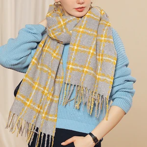 Juhui Store Büyük Izgara Desenli Nefes Alabilir Sahte Kaşmir Saçak Tasarımlı Kadın Büyük Kışlık Eşarp (Yurt Dışından)