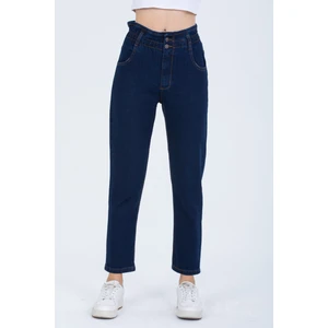 Lacivert Beli Büzgülü Düğme Detaylı Mom Jean Kot Pantolon