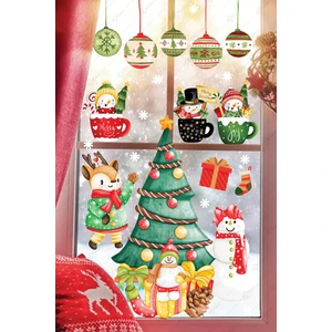 Yılbaşı Ağacı, Sarkıtlar ve Sevimli Figürler Cam Duvar Sticker Seti, Yılbaşı Sticker Yılbaşı Süsü